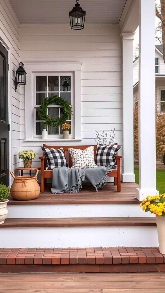 Cozy farmhouse front porch with a bench, pillows, a throw blanket, and potted flowers.