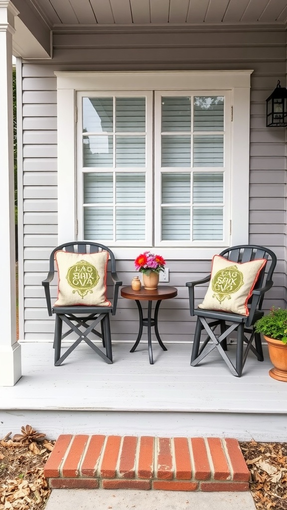 Charming small front porch with two chairs, a table, and decorative cushions.