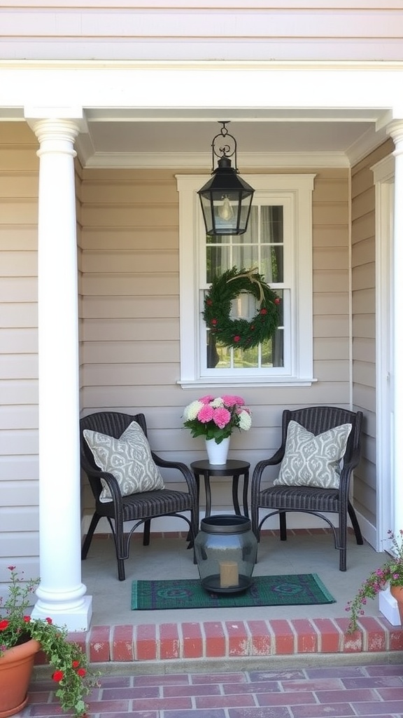 A cozy seating area on a small front porch with two chairs, a table, and floral decorations.