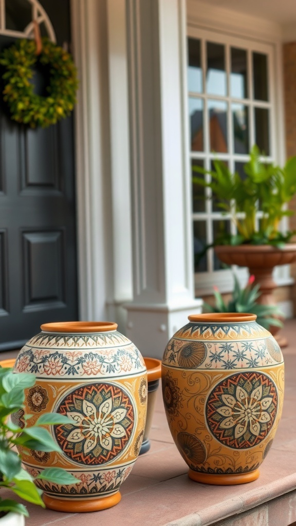 Two beautifully crafted ceramic pots with patterns on a front porch.