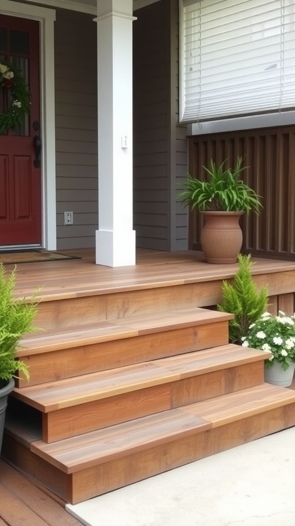 Front porch steps made from reclaimed wood with plants and a welcoming entrance.