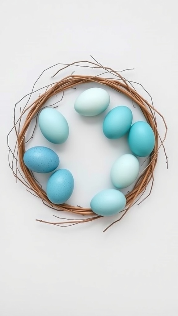 Monochromatic Easter egg wreath with blue tones