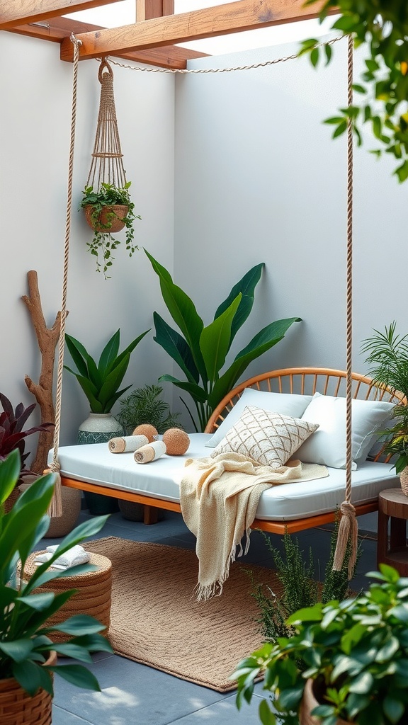 A cozy outdoor porch with a hanging bed swing surrounded by plants.