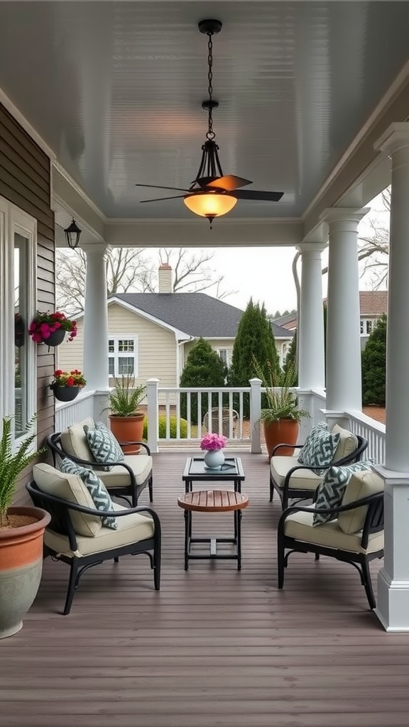 A cozy rustic farmhouse porch with comfortable seating and potted plants.