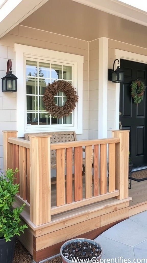 A small front porch with a wooden railing and a welcoming orange door.