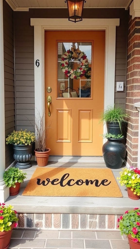 A front porch with two welcome mats, plants, and a white door.