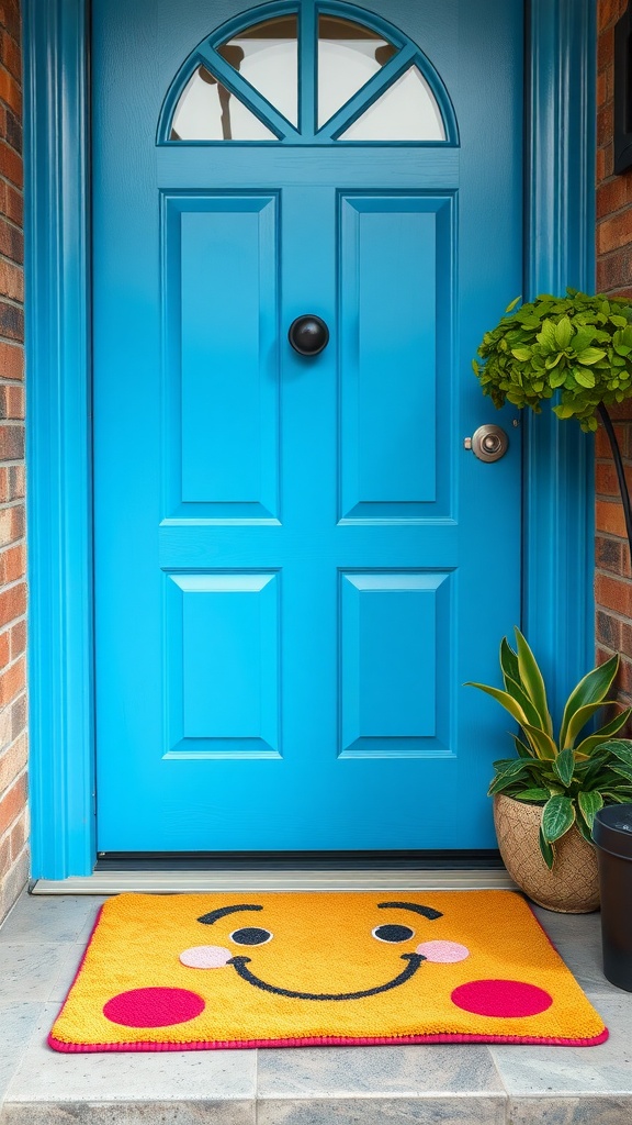 A colorful doormat that says 'we the welcome' placed at an outdoor entryway.