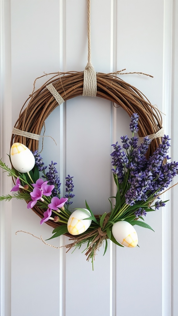 Easter wreath featuring lavender, pink flowers, and decorated eggs