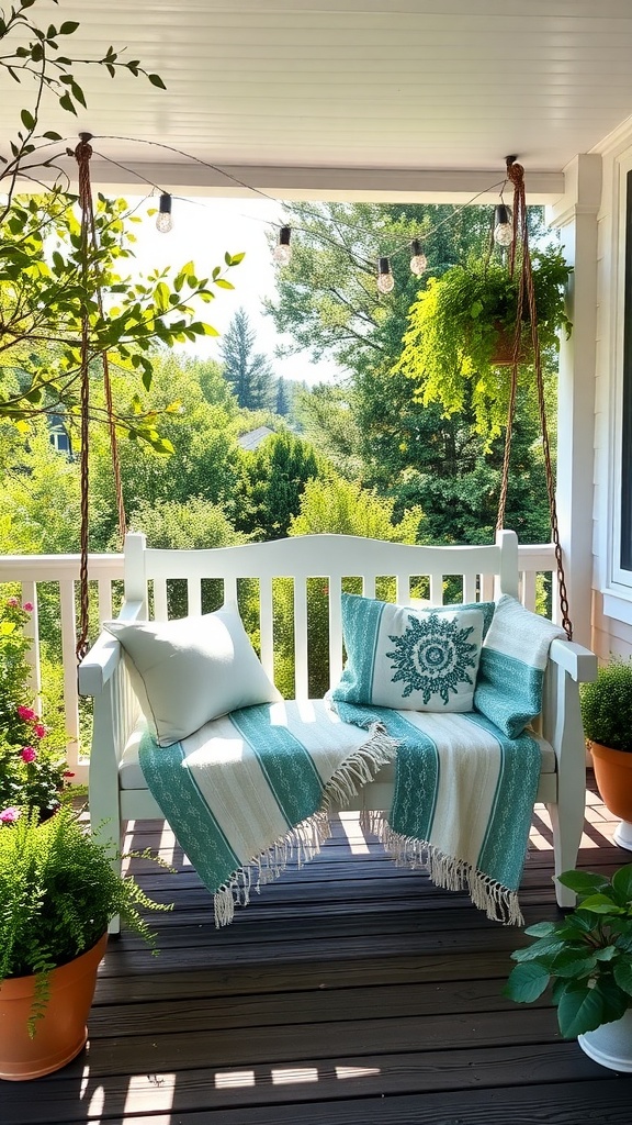 A cozy crib mattress porch swing with pillows and a throw, surrounded by plants and lights.