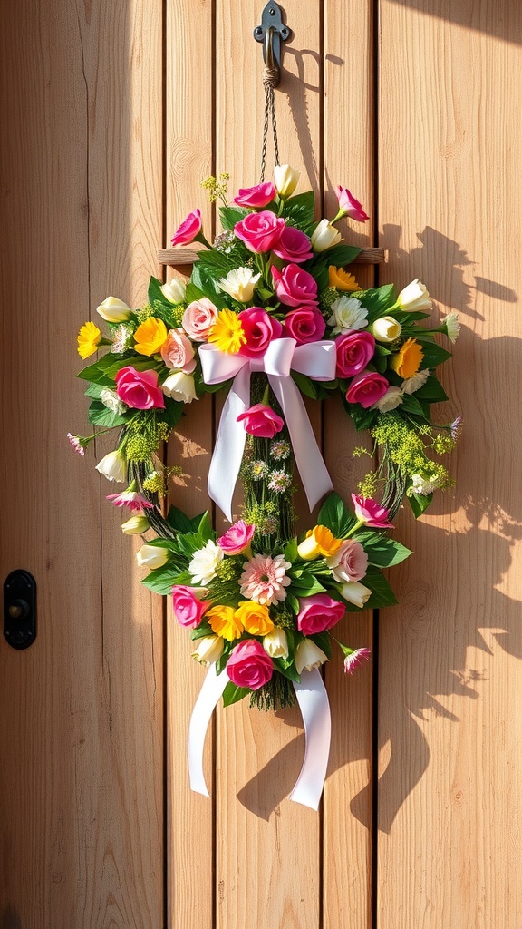 Easter wreath in the shape of a cross decorated with colorful flowers.