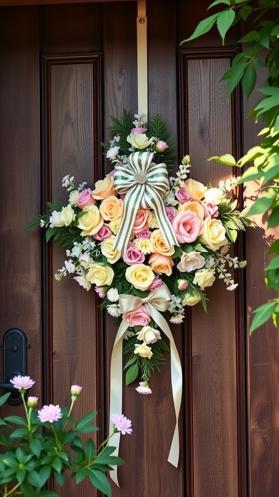 A floral cross wreath hanging on a brown door, adorned with roses and greenery.