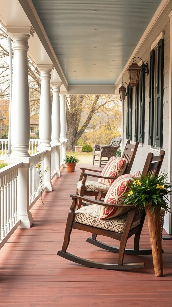 A wooden porch with white columns, featuring two wooden rocking chairs with patterned cushions, potted plants, and a view of trees in the background.