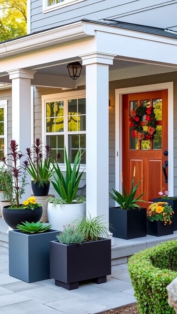 A collection of modern modular planters in various shapes and colors, arranged on a front porch.