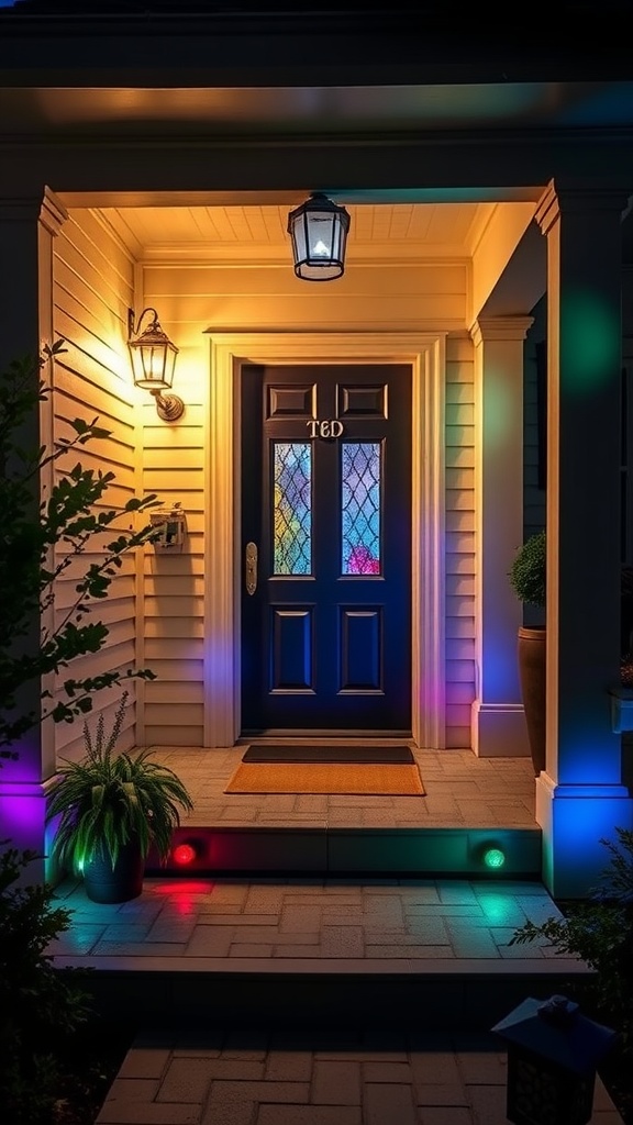 A cozy farmhouse front porch with colorful smart lights illuminating the entrance.