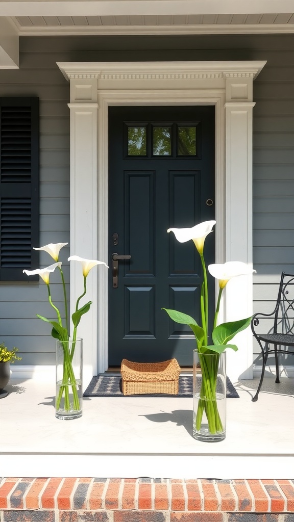 A farmhouse front porch adorned with cheerful daisies in pots, accompanied by a cat lounging nearby.