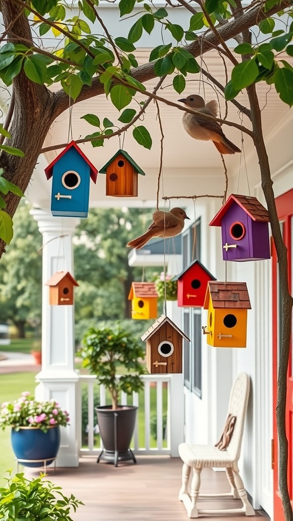 Colorful birdhouses hanging from a tree branch on a porch