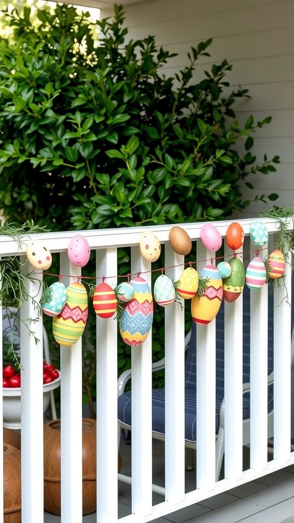 Colorful Easter egg garland hanging on a white porch railing