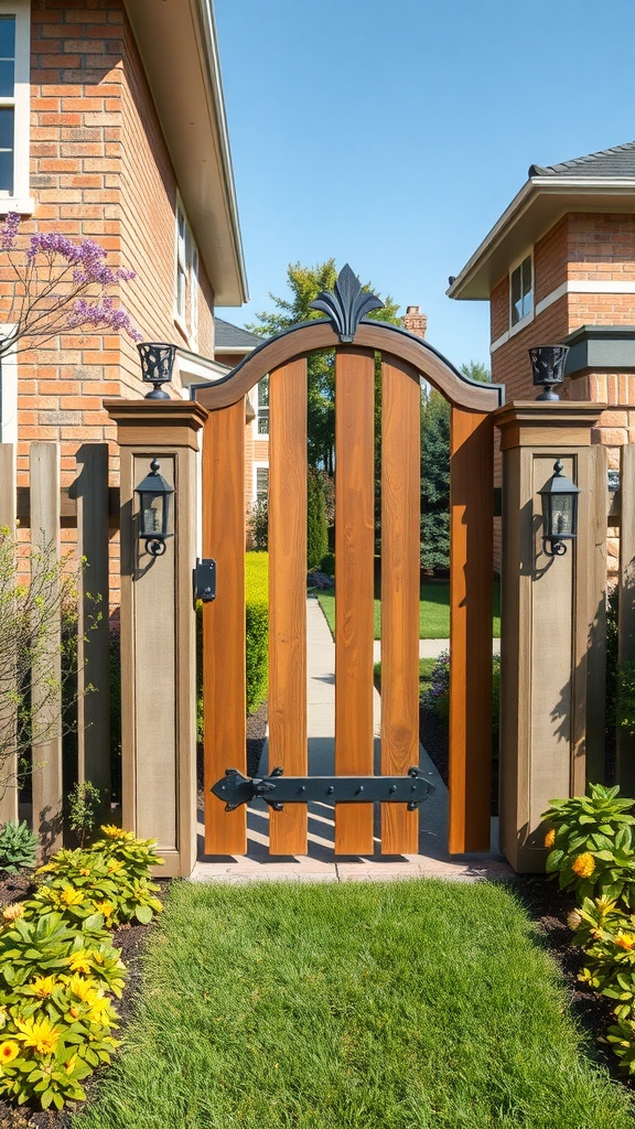 A decorative gate with plants and flowers in an outdoor entryway.