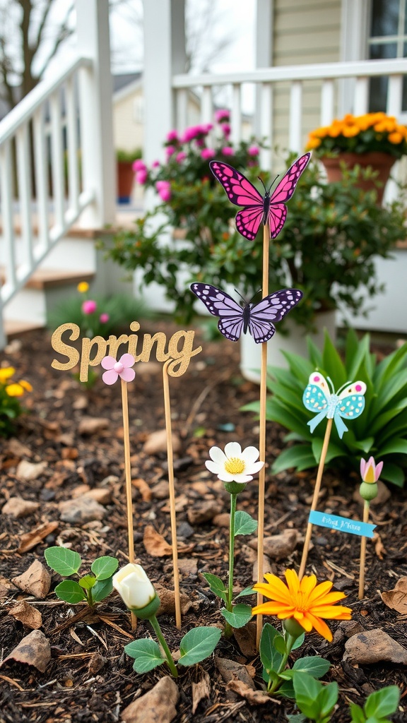 Colorful garden stakes featuring butterflies and spring-themed decorations in a flower bed.