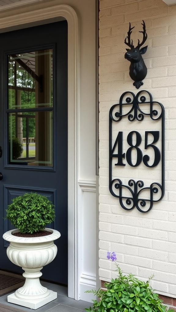 Decorative house numbers positioned next to a door, surrounded by colorful flowers.