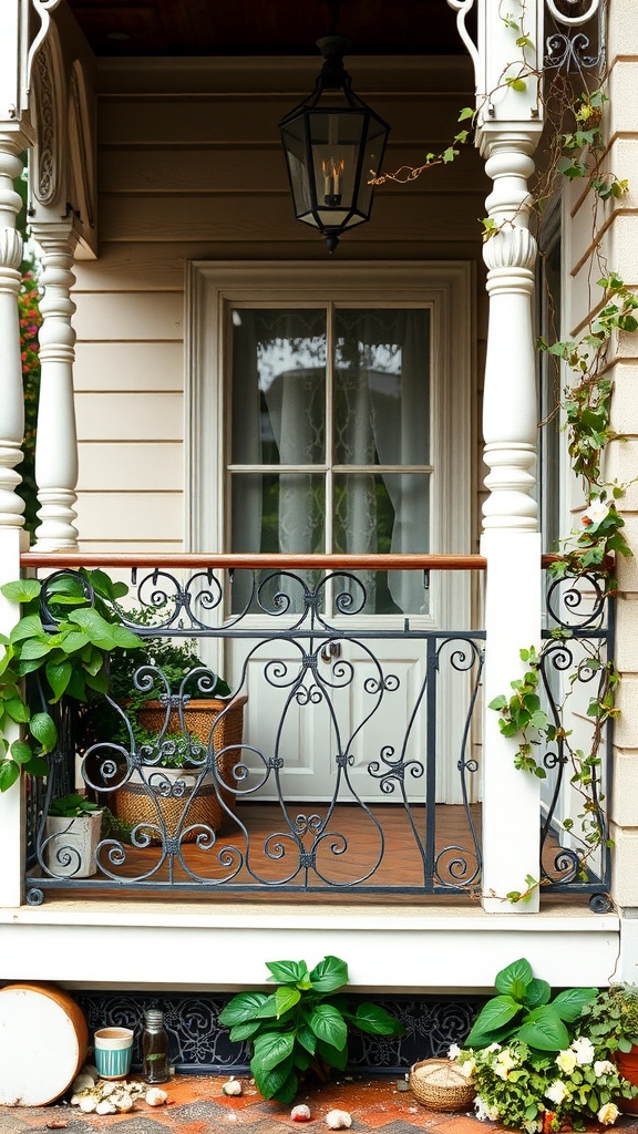 Decorative metal railings on a porch surrounded by plants and a lantern.