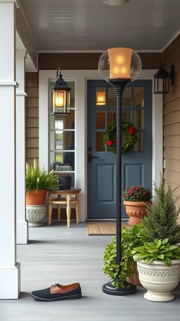 Decorative outdoor floor lamp on a farmhouse front porch