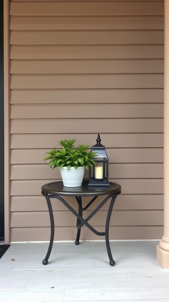 A decorative side table on a small front porch featuring a potted plant and a lantern.