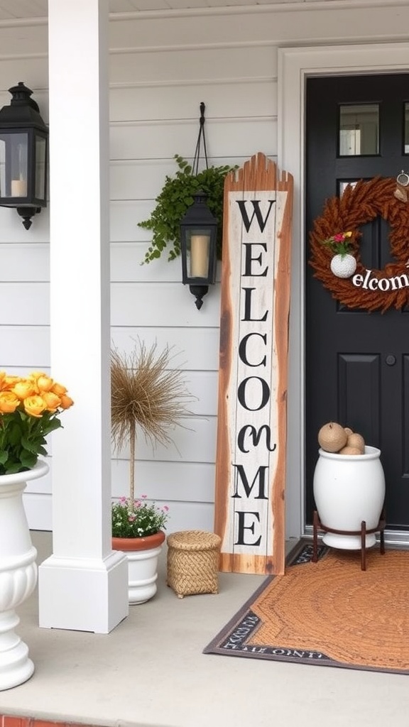 A welcoming front porch with a large wooden sign that says 'Welcome', surrounded by flowers and greenery.