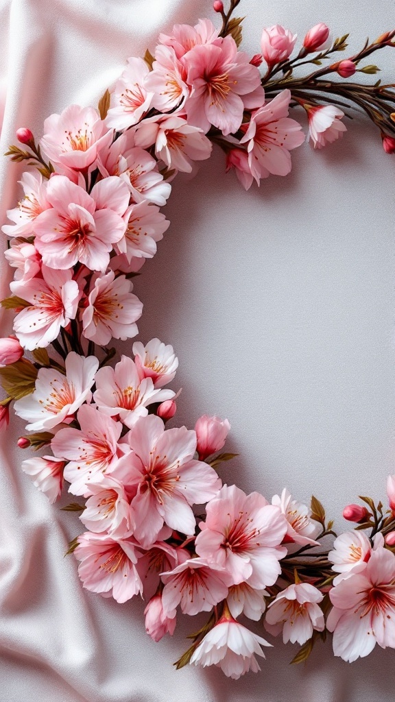 A close-up of a cherry blossom wreath on a soft fabric backdrop.