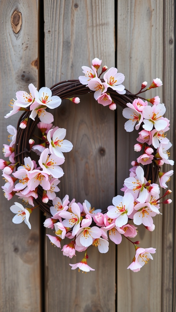 A beautiful floral wreath made with pink cherry blossoms on a wooden background.