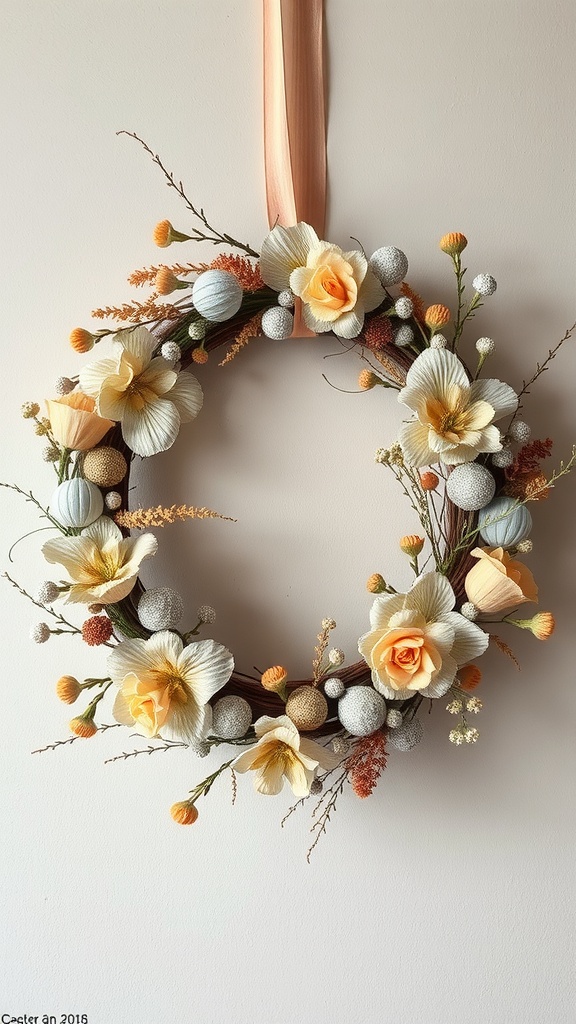 A beautiful Easter wreath adorned with delicate dried flowers and soft colors.