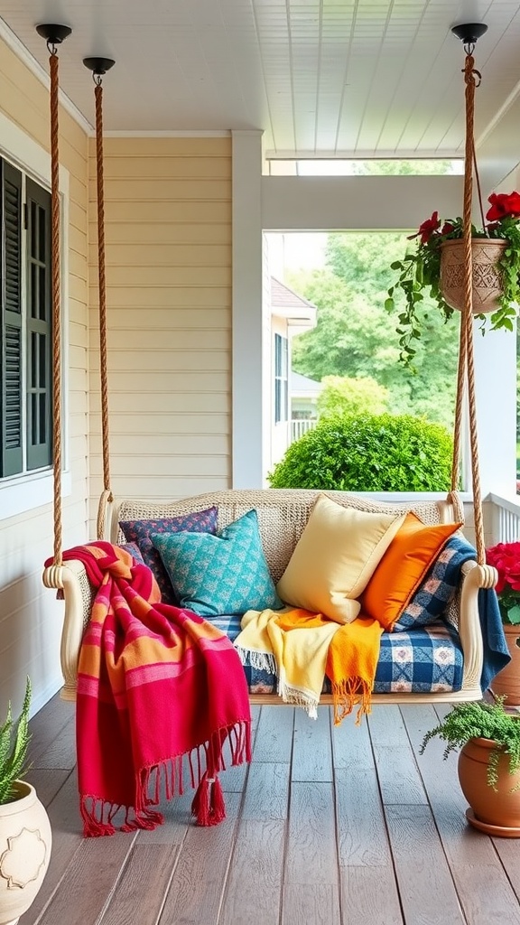 A cozy porch hanging bed swing with colorful pillows and blankets, surrounded by plants.