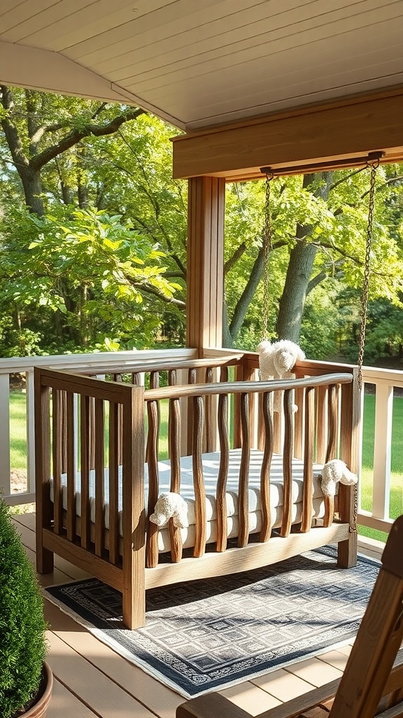 A wooden crib on a porch with a swing design, surrounded by greenery.