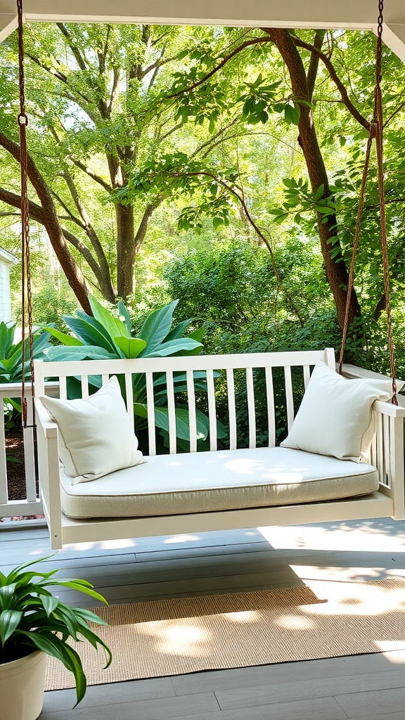 A free-standing porch swing surrounded by lush greenery.