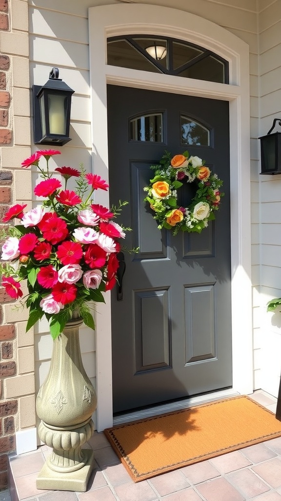 Colorful outdoor artificial flower arrangements on a table by a front porch