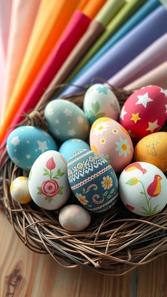 Colorful fabric-covered Easter eggs in a basket, surrounded by vibrant fabric rolls.