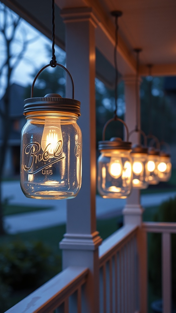 Hanging Mason jar lanterns with glowing lights