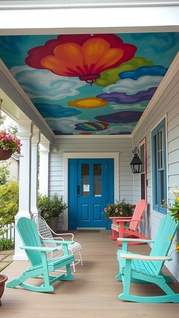 Colorful painted canvas ceiling in a porch with bright chairs.