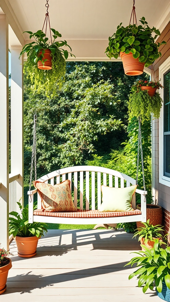 A cozy free-standing porch swing surrounded by potted plants and greenery