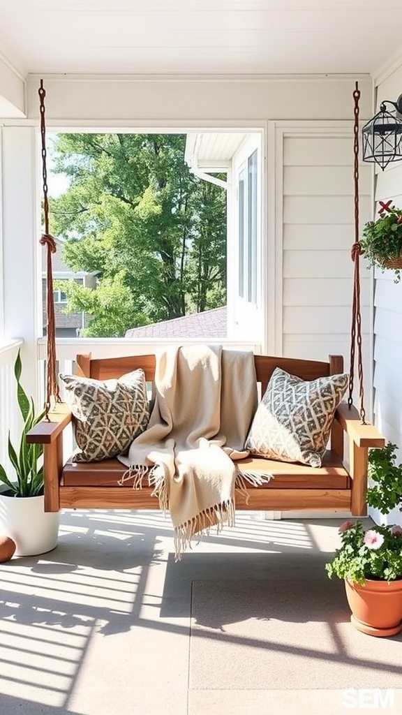 A cozy free-standing porch swing with pillows and a blanket.