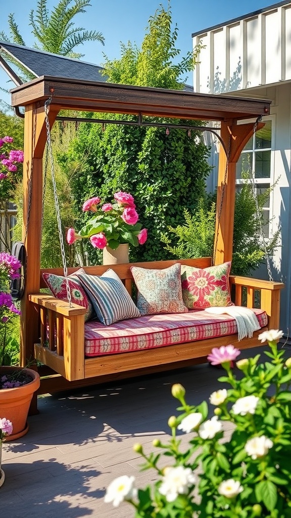 A beautiful free-standing porch swing bed with colorful cushions surrounded by flowers.