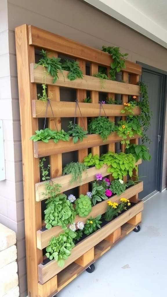 A wooden vertical garden displaying various plants on a small front porch.