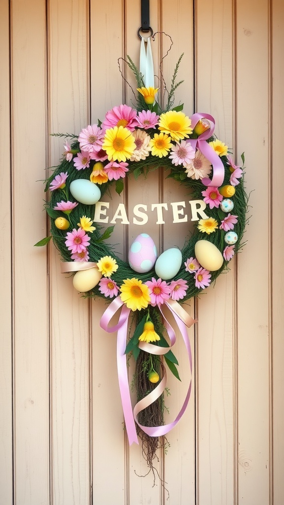 Colorful Easter wreath cross decorated with flowers and eggs.