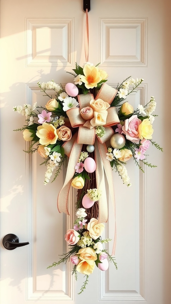 Easter wreath cross decorated with flowers and pastel eggs