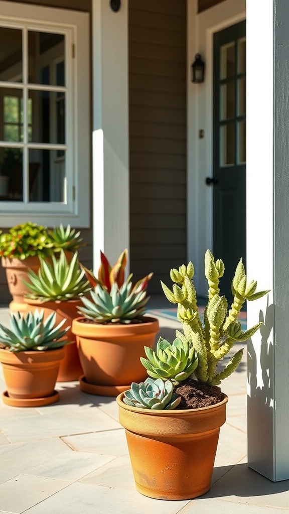 A variety of drought-resistant succulents in terracotta pots on a farmhouse front porch.