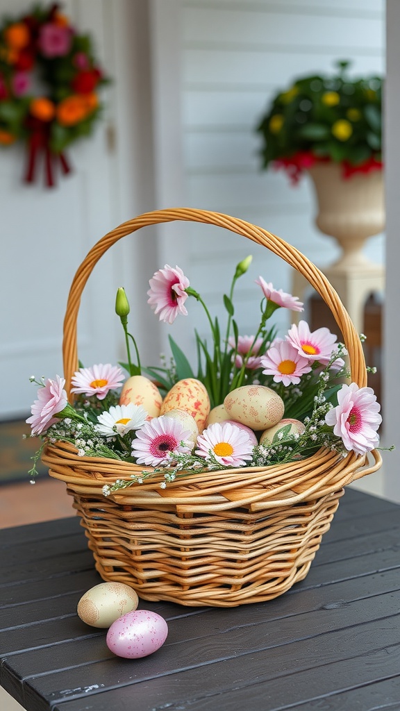 Easter basket filled with flowers and decorative eggs on a porch