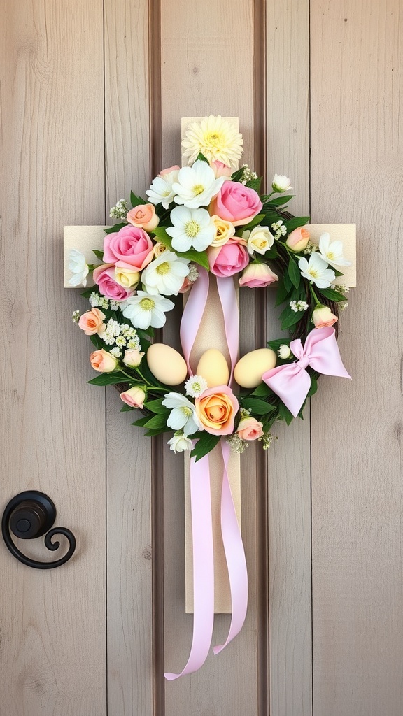 A decorative Easter wreath cross adorned with flowers and eggs.