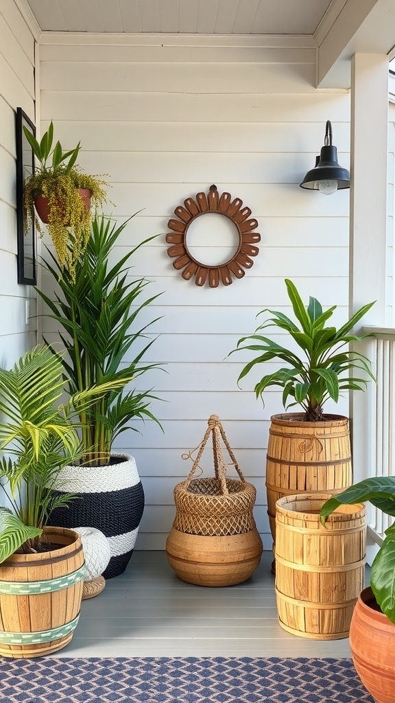 Small front porch with various eco-friendly plant pots and greenery