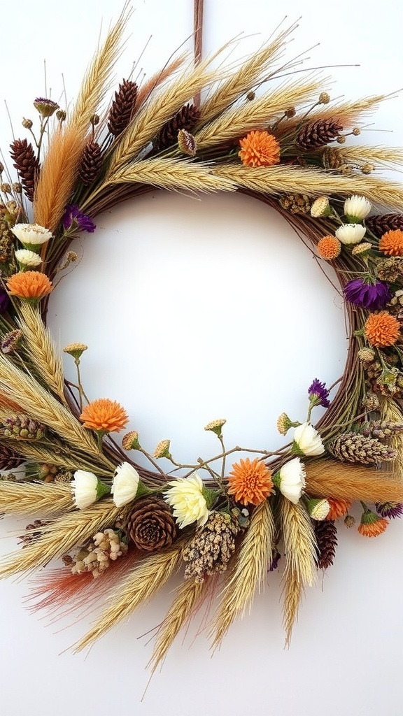 A beautiful eco-friendly dried flower wreath with vibrant colors and natural elements.