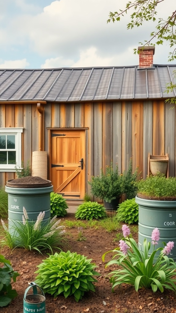 A rustic farmhouse with a wrap-around porch, featuring a wooden door and a garden with native plants and rain barrels.